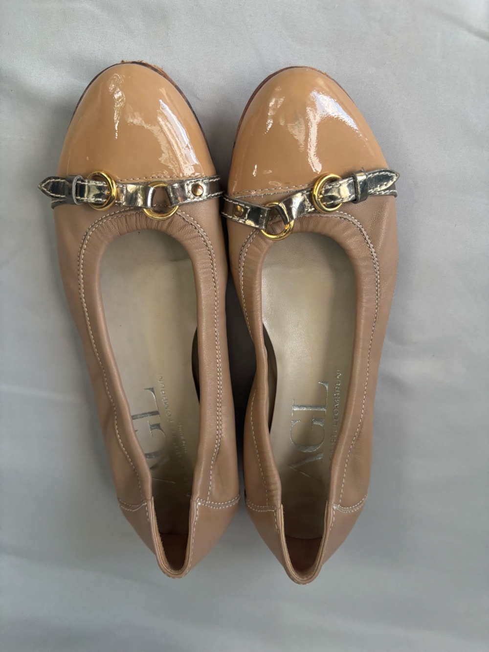 Agl Nude Tan Leather Ballet Flats with Gold Buckle - Picture 2 of 8